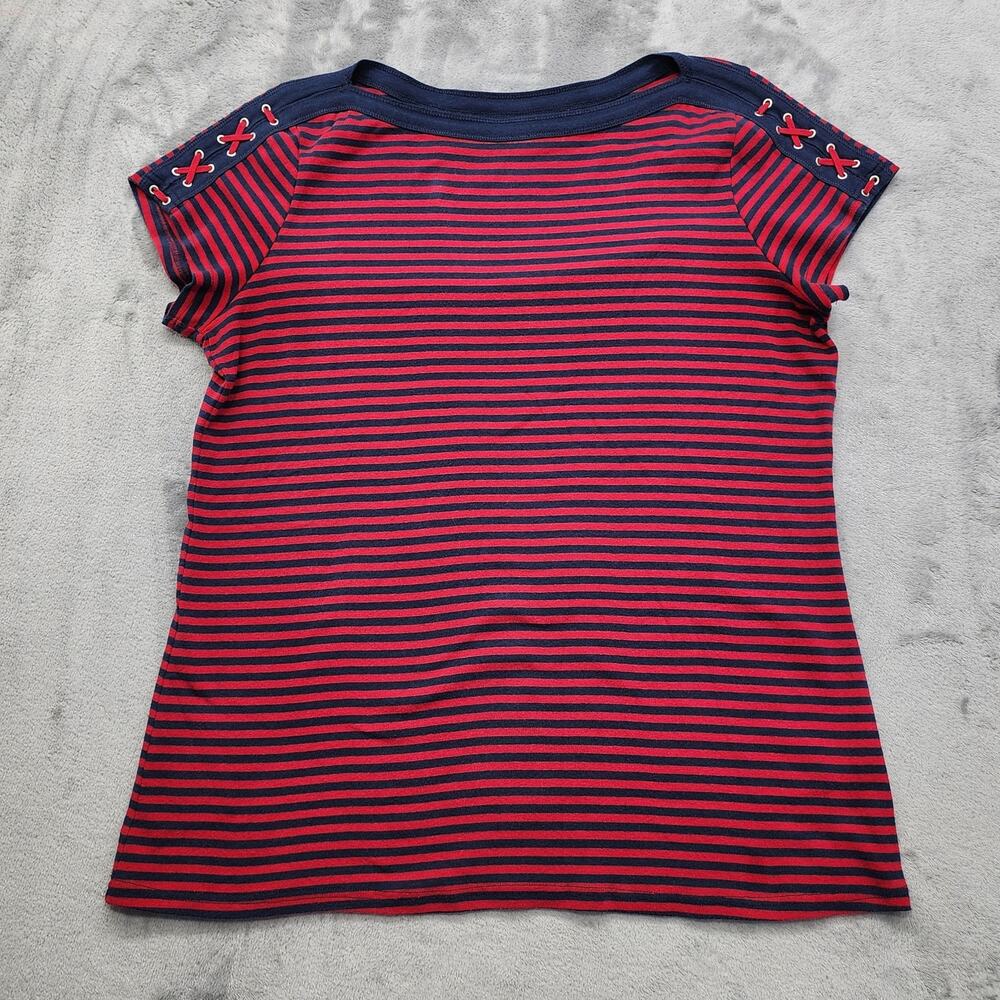 North Crest Top Womens L Red Blue Striped‎ Boat Neck Short Sleeve Lace Up Detail